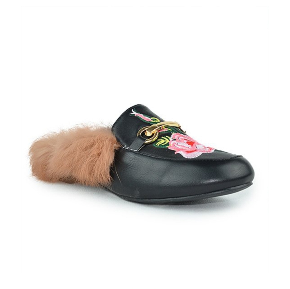 Black Floral Design Mule with Faux Fur Lining